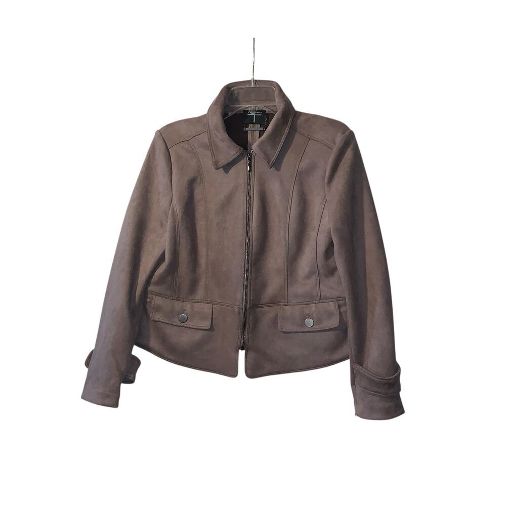 T Tahari Faux Suede Leather Crop Zip Jacket Brown Moto M - Picture 3 of 13